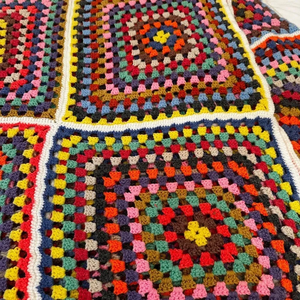VTG Crochet Granny Square Blanket Handmade Afghan Boho Cottagecore Full Retro
